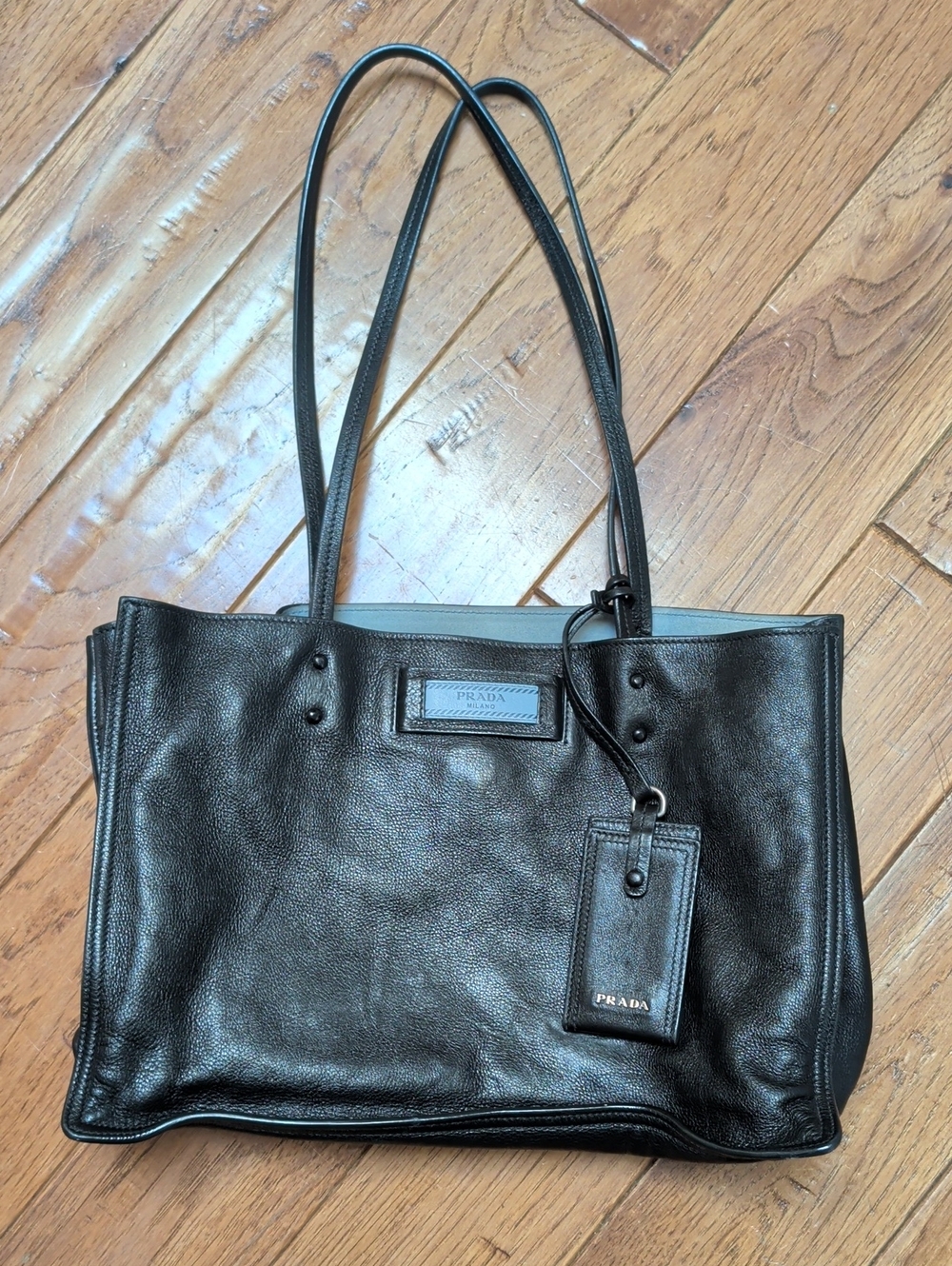 Prada Glace Etiquette Calf Black Leather Shoulder Tote